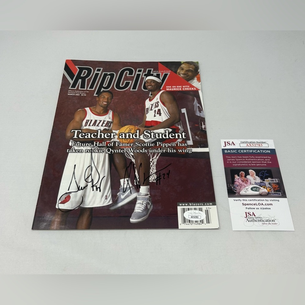 Scottie Pippen Qyntel Woods Portland Trail Blazers signed Magazine JSA COA‎